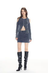 Waterwash Deep Blue Knit Denim Cold Shoulder Top - Set