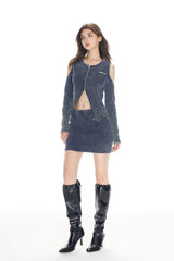 Waterwash Deep Blue Knit Denim Cold Shoulder Top - Set