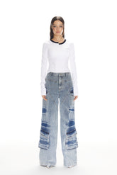 Washed Cargo Pocket Wide-Leg Jeans