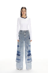 Washed Cargo Pocket Wide-Leg Jeans