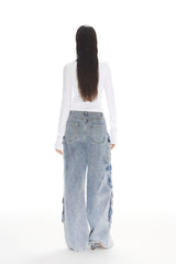 Washed Cargo Pocket Wide-Leg Jeans