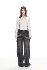 Wax Dye Grey Glitter Color Block V-Neck Top