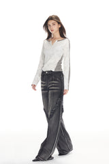 Wax Dye Grey Glitter Color Block V-Neck Top