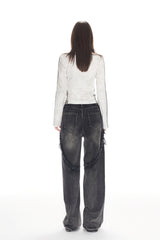 Wax Dye Grey Glitter Color Block V-Neck Top