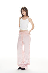 Pink Satin Panel Raw Edge Jeans