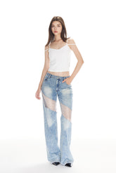 Blue Washed Mesh & Crystal Panel Jeans