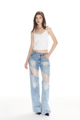 Blue Washed Mesh & Crystal Panel Jeans