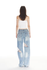 Blue Washed Mesh & Crystal Panel Jeans