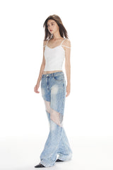 Blue Washed Mesh & Crystal Panel Jeans