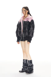 Black & Pink Color Block Destroyed Knit Puffer