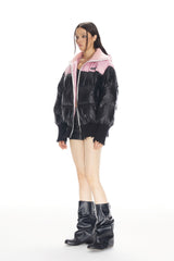 Black & Pink Color Block Destroyed Knit Puffer