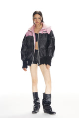 Black & Pink Color Block Destroyed Knit Puffer