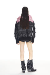 Black & Pink Color Block Destroyed Knit Puffer