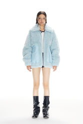 Blue Faux Fur & Leather Pocket Zip Jacket