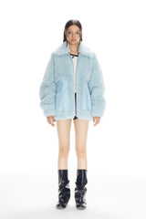 Blue Faux Fur & Leather Pocket Zip Jacket