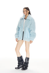 Blue Faux Fur & Leather Pocket Zip Jacket