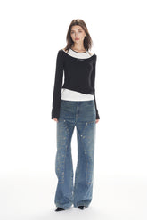 Black & White Color Block Cold Shoulder Long Sleeve Top