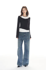 Black & White Color Block Cold Shoulder Long Sleeve Top