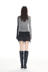 Black & Grey High Neck Embroidered Logo Cashmere Top