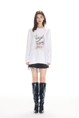 White Graffiti Print Long Sleeve Top