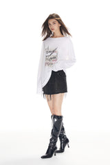 White Graffiti Print Long Sleeve Top
