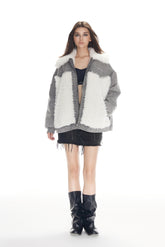 Faux Fur Panel Grey Denim Zip Jacket