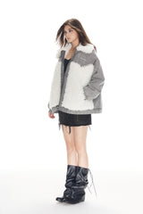 Faux Fur Panel Grey Denim Zip Jacket