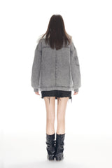Faux Fur Panel Grey Denim Zip Jacket