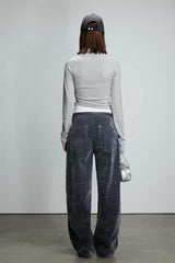Flocked Denim Curved Hem Pants