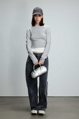 Flocked Denim Curved Hem Pants