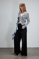 Grey-Pink Color Block Sailor Collar Fake Two-Piece Zip Knit Sweater