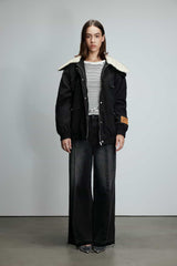 Black Contrast Panel Jacket with Faux Fur Collar