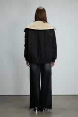 Black Contrast Panel Jacket with Faux Fur Collar
