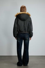 Washed Cotton Jacket with Knit Panels & Gray Faux Fur Collar