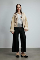 Color-Block Hooded Cotton Jacket with Shearling Sleeves