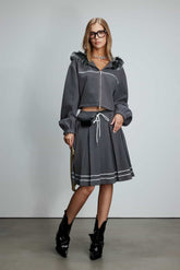 Grey Hood with Fur Trim and Webbing Trim Wool Blend Zip Coat