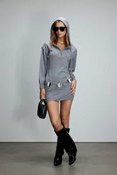 Grey Irregular Hem Hooded Knit Dress