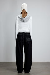 White Knit Panel False Two-Piece Striped Hooded Top