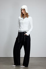 White Knit Panel False Two-Piece Striped Hooded Top