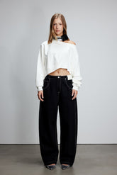 Topstitch Embroidered Logo Curved Hem Black Jeans