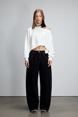 Topstitch Embroidered Logo Curved Hem Black Jeans