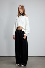 Topstitch Embroidered Logo Curved Hem Black Jeans