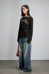 Caramel One-Shoulder Logo Print Long Sleeve Top