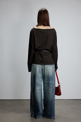 Caramel One-Shoulder Logo Print Long Sleeve Top