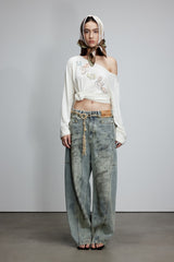 Blue Seam Detail Curved Hem Jeans