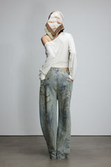 Blue Seam Detail Curved Hem Jeans