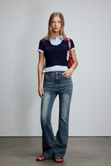 Knit Panel Shirt Collar Short Sleeve Top