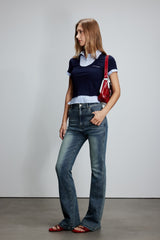 Knit Panel Shirt Collar Short Sleeve Top