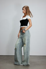 Contrast Square Neck Short Sleeve Top