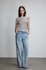 Blue Washed Waist Raw Edge Jeans